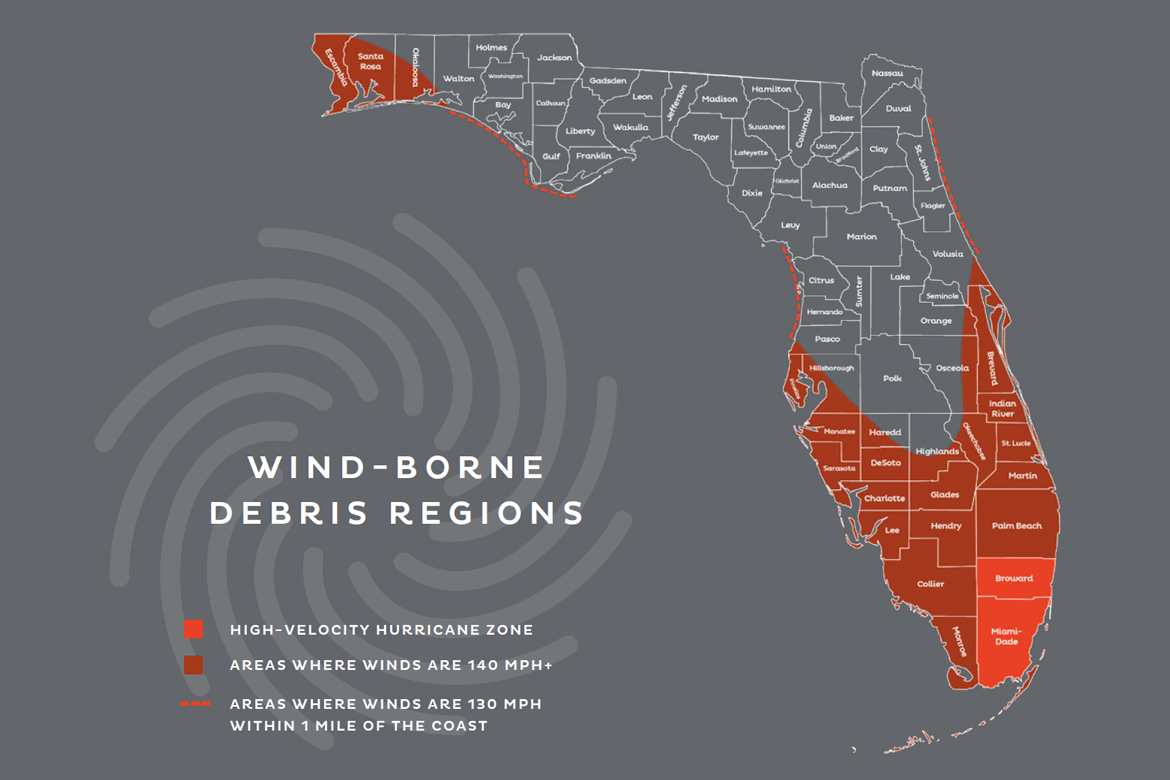 A map showing Wind-Borne Debris Regions and the High Velocity Hurricane Zone in Florida